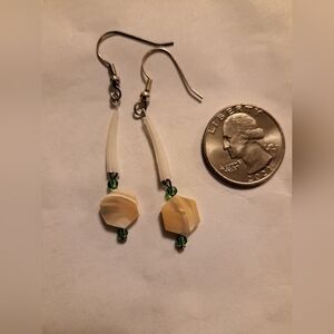 DENTALIUM & mother of pearl shell with green bead dangle earrings. Native Made